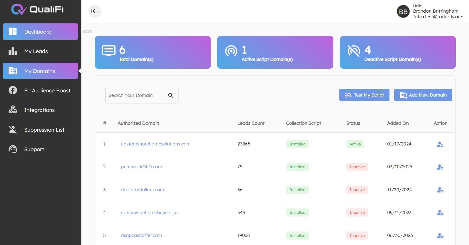 My Domains — multi-site control with active vs deactive script counts, per-domain lead totals, install status, and add-new-domain flow.