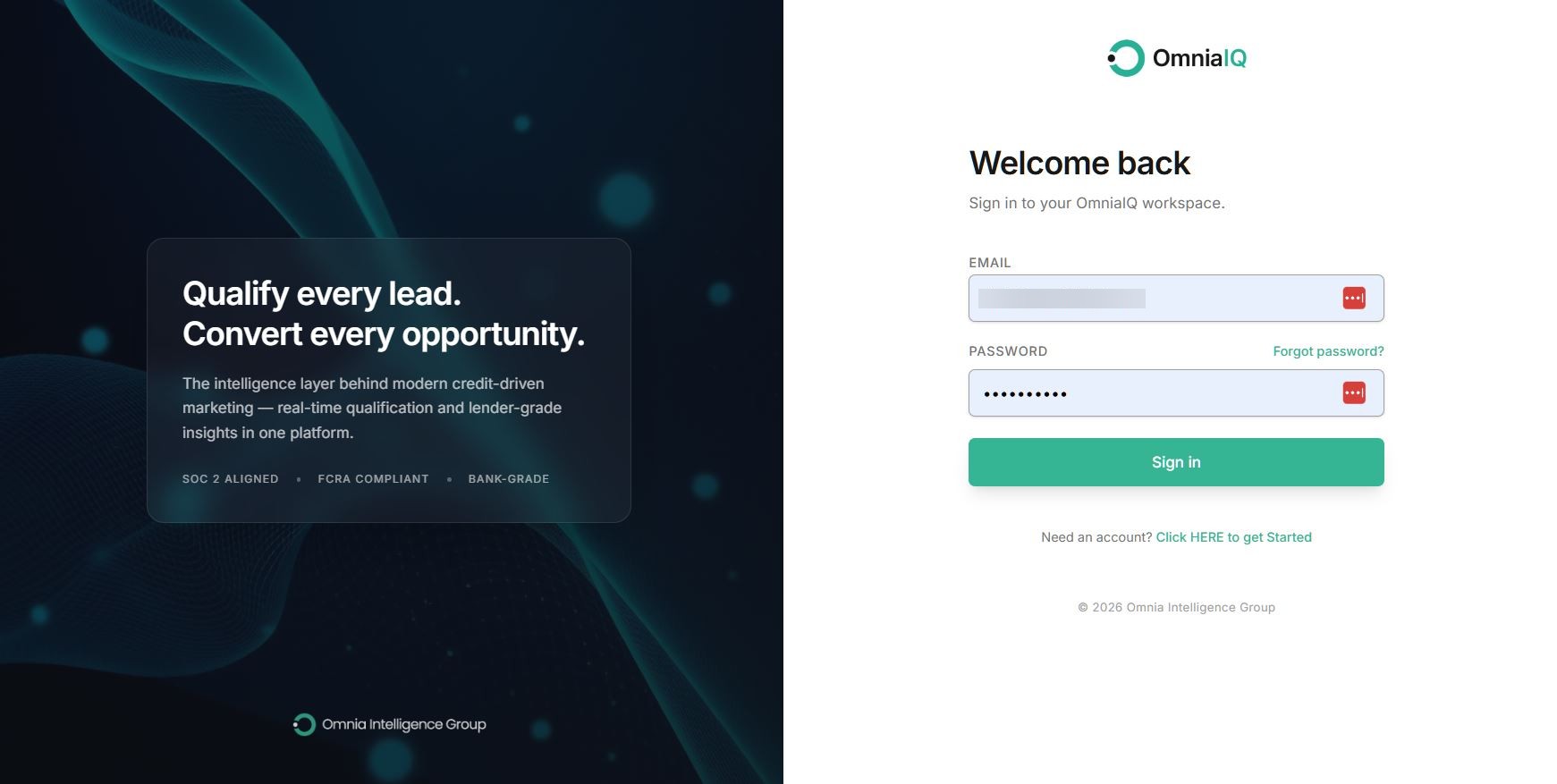 Branded sign-in — 'Qualify every lead. Convert every opportunity.' SOC 2 aligned, FCRA compliant, bank-grade positioning built into the login experience.