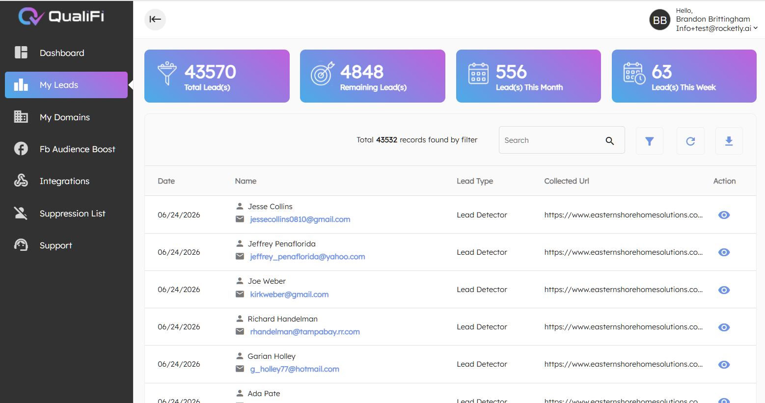 My Leads — full lead table with date, name, email, lead type (LeadDetector), and source URL. 43K+ enriched leads across the customer's domain portfolio.