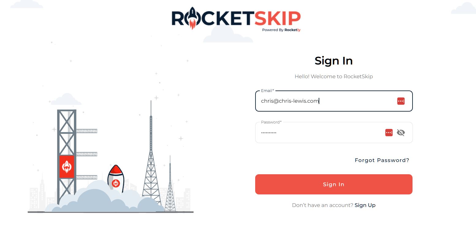Branded sign-in flow — RocketSkip login screen, powered by the shared Rocketly identity layer.