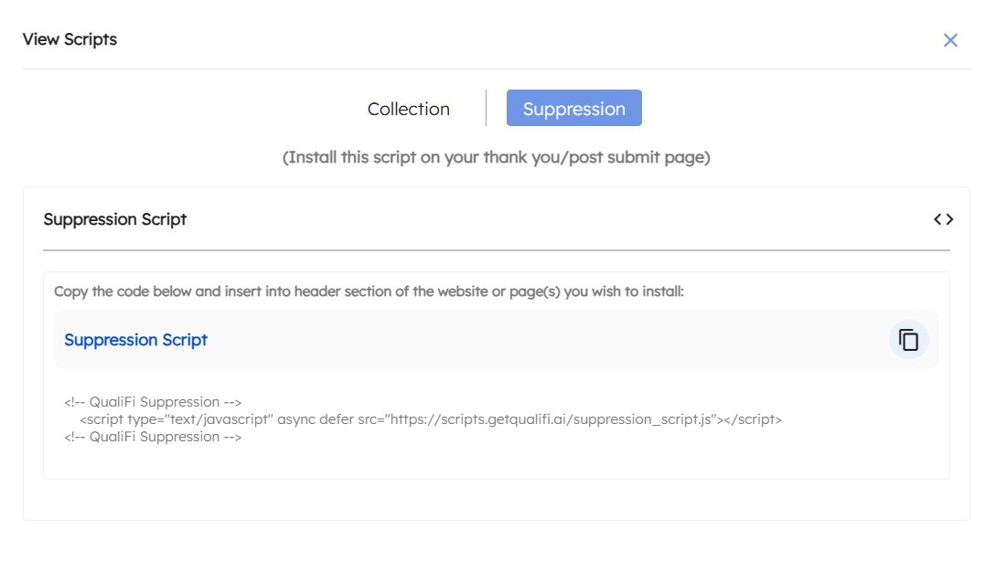 Suppression script — installed on thank-you / post-submit pages so converted leads are excluded from further enrichment and ad targeting.