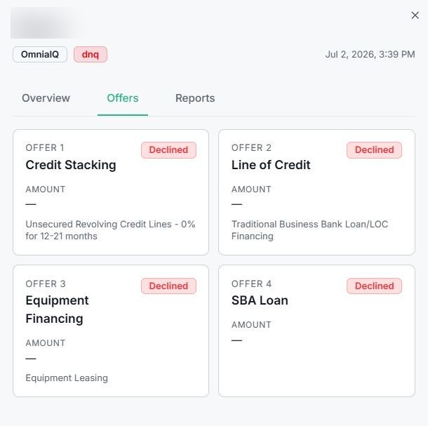 DNQ lead — Offers tab. All four programs (Credit Stacking, LOC, Equipment Financing, SBA Loan) return Declined with amounts nulled out, so the sales team never wastes time on a stacked, unfundable applicant.