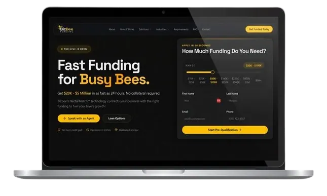 BizBee Funding homepage showing small-business loan application flow and headline metrics