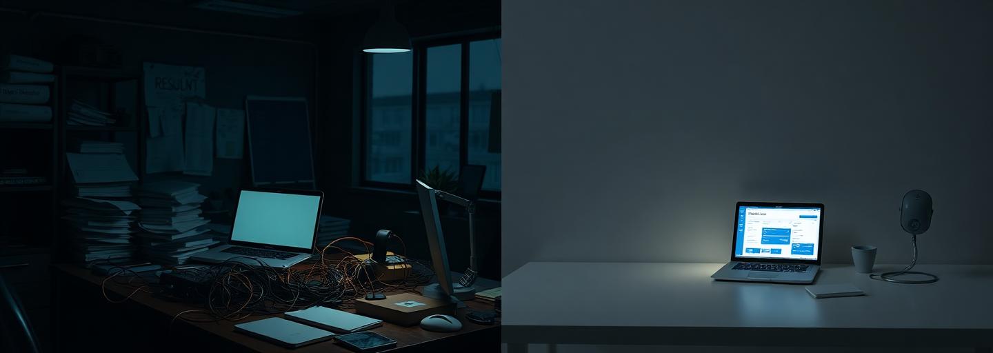 Split screen: complex in-house hiring process on the left, simple project delivery on the right