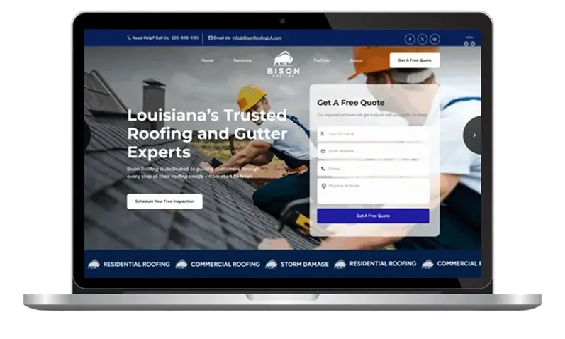 Bison Roofing LA homepage featuring a Los Angeles roofing crew on a residential roof with quote request form