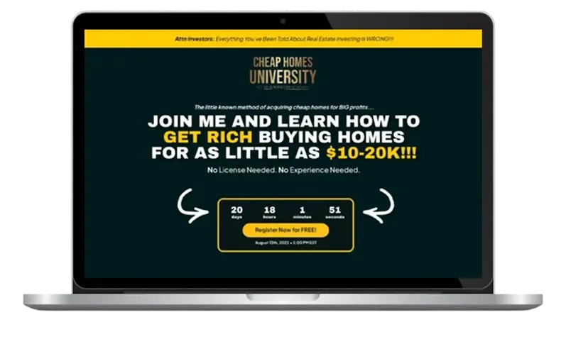 Cheap Homes University course landing page highlighting real-estate investing lessons