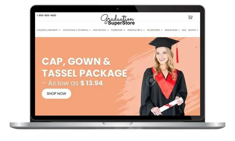 Graduation Superstore ecommerce homepage with featured caps, gowns, and stoles