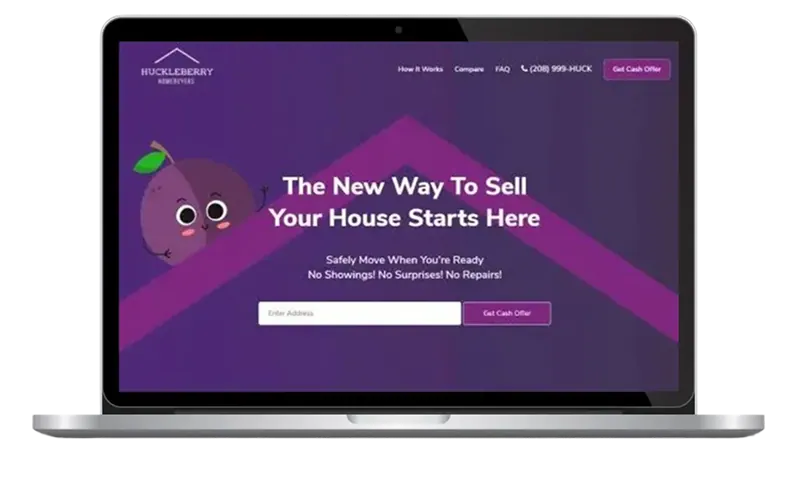 Huckberry Home Buyers homepage with cash-offer lead form and seller testimonials