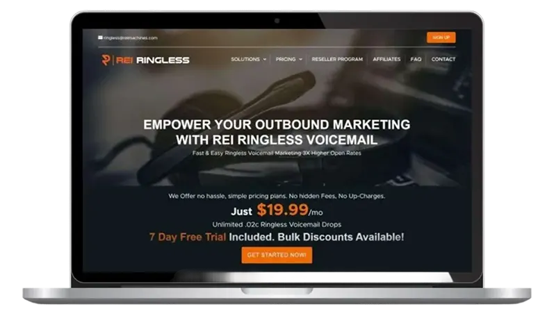 REI Ringless voicemail SaaS homepage with campaign dashboard preview