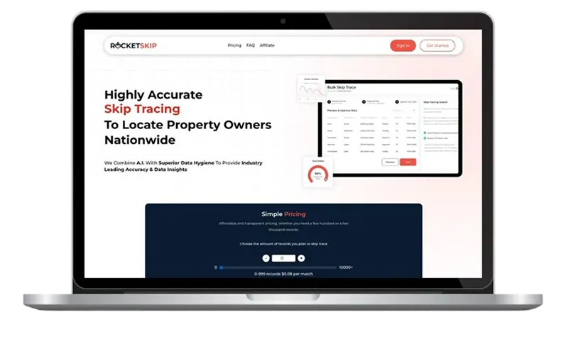 RocketSkip skip-tracing SaaS homepage with pricing tiers and data sample